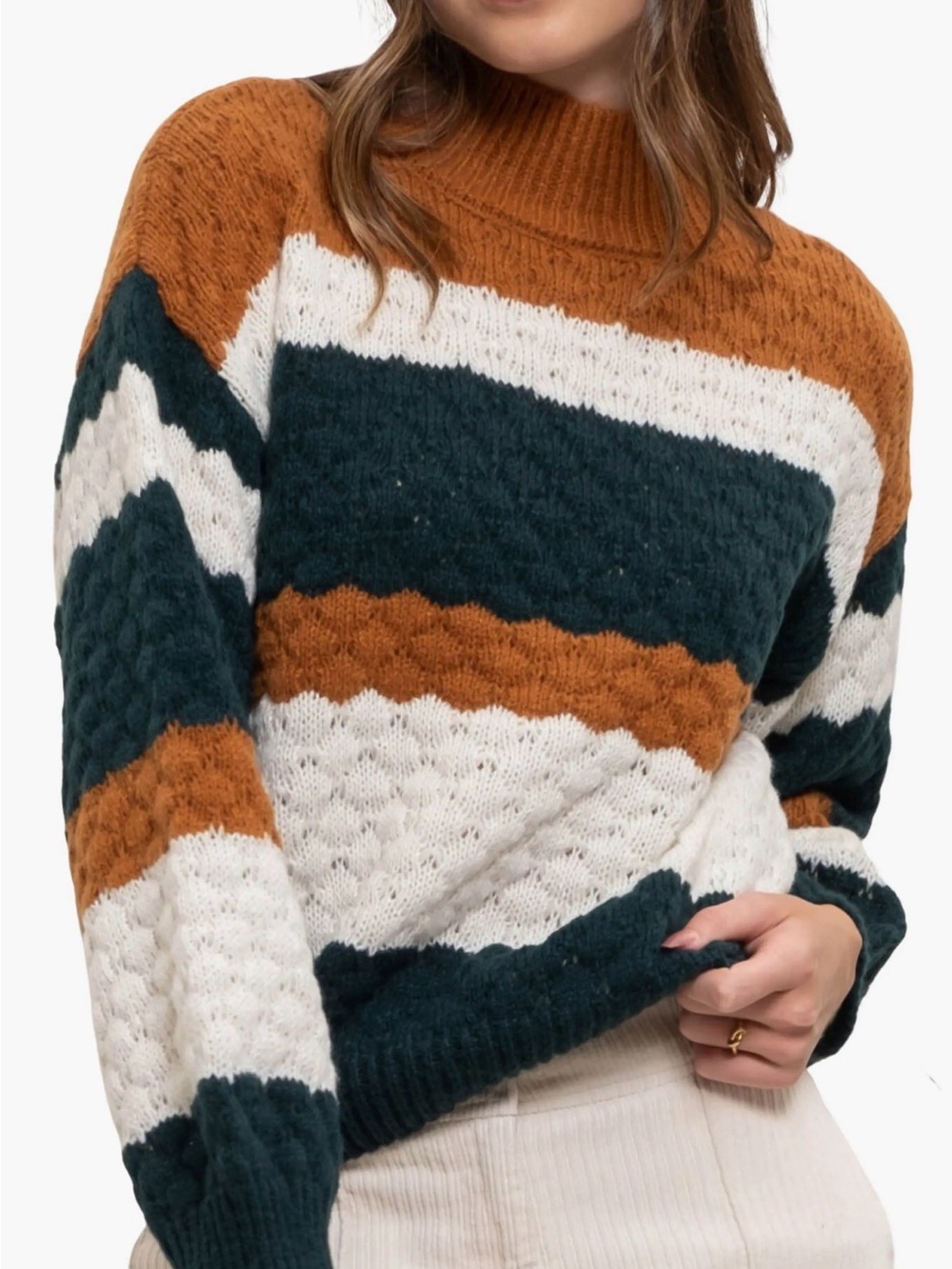 Sweet Wanderer Mock Neck Colorblock Sweater Green Rust Cream Fall Boho M